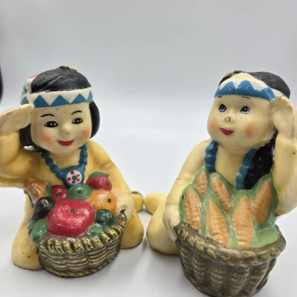 Vintage Set New Novelty Native American Thanksgiving‎ Pilgrim Boy Girl Candles